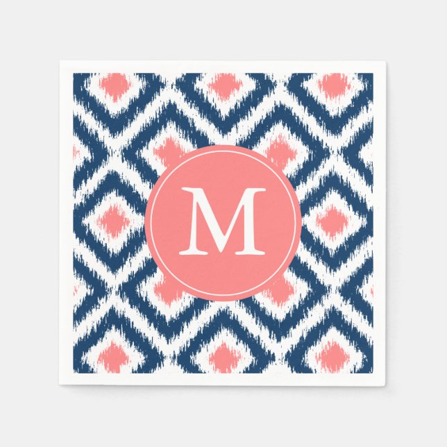 Serviette En Papier Monogramme bleu et corail Motif Ikat (Devant)