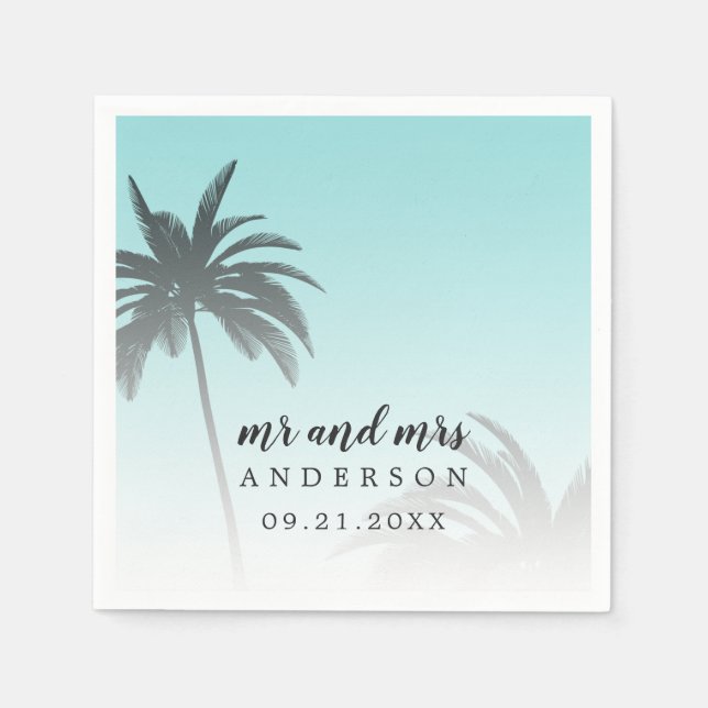 Serviette En Papier Monogramme Blue Tropical Palm Tree Beach Mariage (Devant)