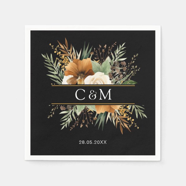 Serviette En Papier Monogramme, boho, boquet de fleurs élégant (Devant)