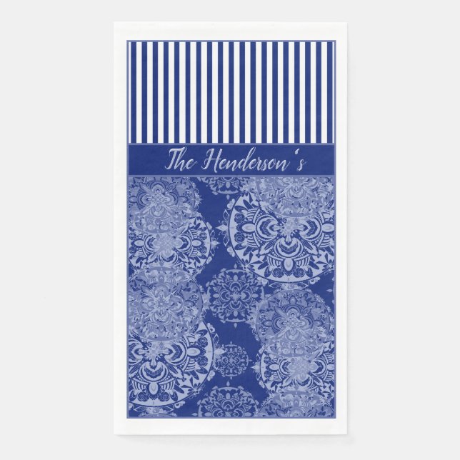 Serviette En Papier Monogramme Boho Moody Blues Mandalas and Stripes (Devant)