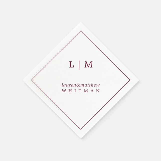 Serviette En Papier Monogramme bordeaux simple Mariage élégant (Coin)