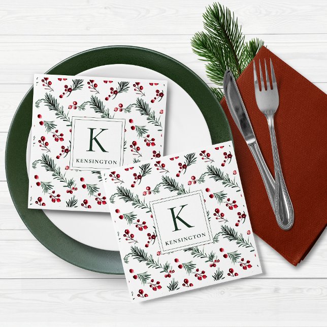 Serviette En Papier Monogramme botanique moderne et élégant de Noël (Modern Elegant Christmas Botanical Monogram Napkins)