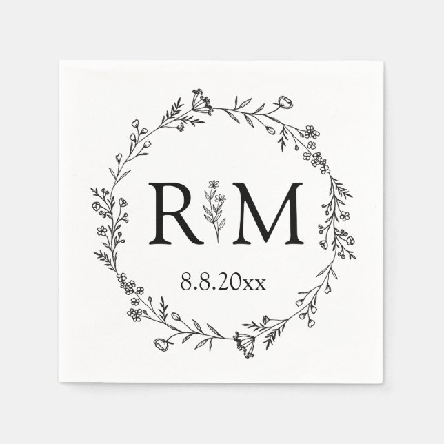 Serviette En Papier monogramme botanique noir et blanc moderne mariage (Devant)