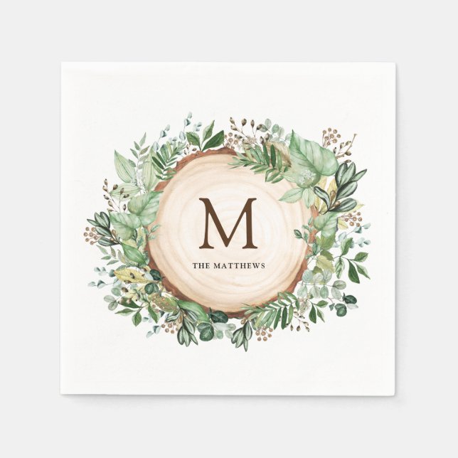 Serviette En Papier Monogramme botanique rustique aquarelle (Devant)