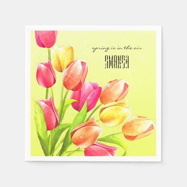 Serviette En Papier Monogramme Bouquet Tulipes Aquarelles (Devant)