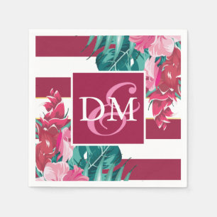 Serviette En Papier Monogramme Bourgogne Fleurs exotiques rayées