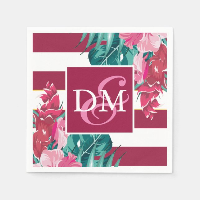 Serviette En Papier Monogramme Bourgogne Fleurs exotiques rayées (Devant)