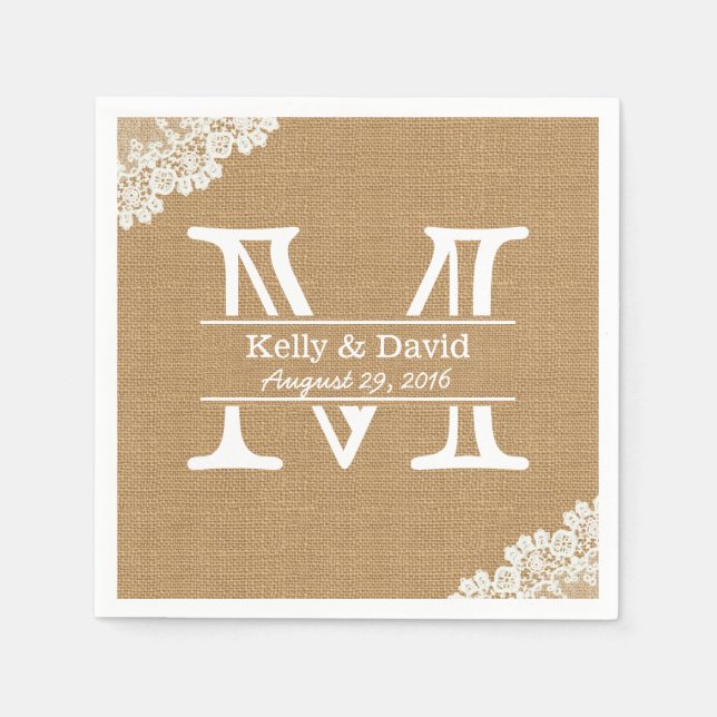 Serviette En Papier Monogramme Burlap & dentelle Mariage rustique (Devant)