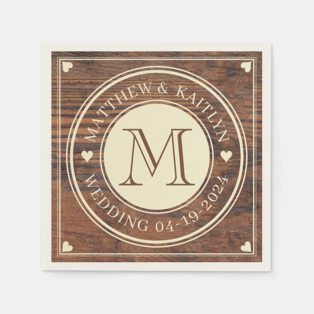 Serviette En Papier Monogramme cardiaque Mariage rustique en noix fonc (Devant)