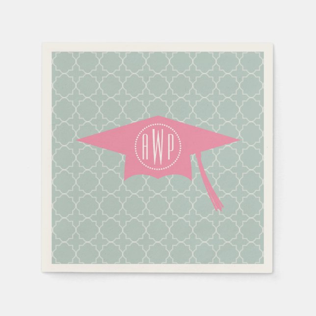 Serviette En Papier Monogramme Casquette de graduation rose + Quatrefo (Devant)