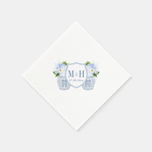 Serviette En Papier Monogramme Chinoiserie Chic Bleu Et Blanc Mariage (Coin)