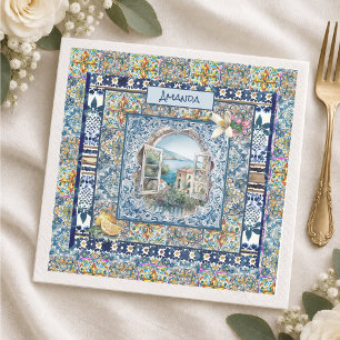 Serviette En Papier Monogramme Citron Carrelage Italien Bleu Estival