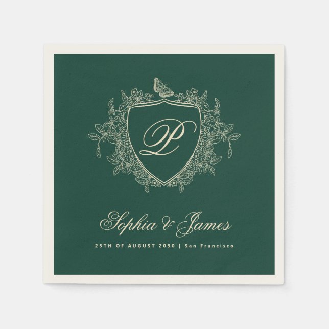 Serviette En Papier Monogramme classique mariage vert émeraude classiq (Devant)