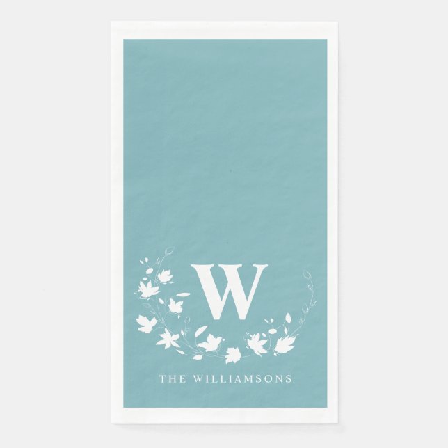 Serviette En Papier Monogramme Classique Nom Couronne Florale Sarcelle (Devant)