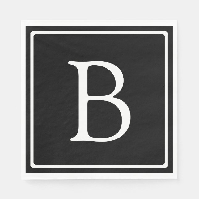 Serviette En Papier Monogramme Classique Simple | Noir avec Texte Blan (Devant)