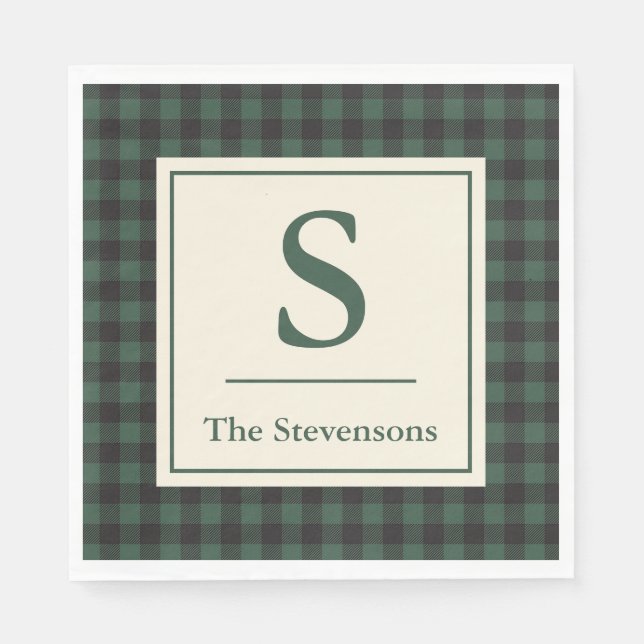 Serviette En Papier Monogramme classique vert noir de bison tartan pla (Devant)