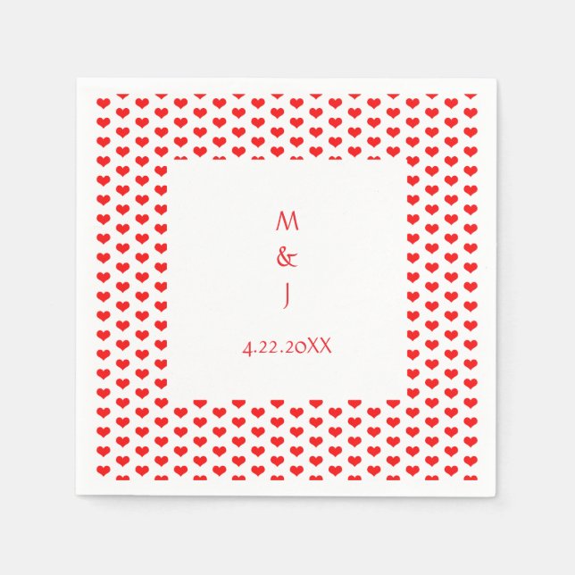 Serviette En Papier Monogramme Coeurs rouges Couple Nom Mariage romant (Devant)