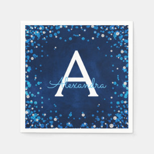 Serviette En Papier Monogramme Confetti en diamant bleu et argenté