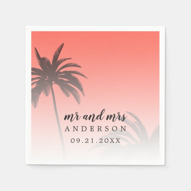 Serviette En Papier Monogramme Corail Tropical Palm Tree Beach Mariage (Devant)