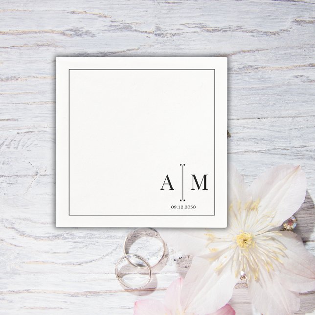 Serviette En Papier Monogramme Couple Date Simple Bordure Mariage (Créateur téléchargé)