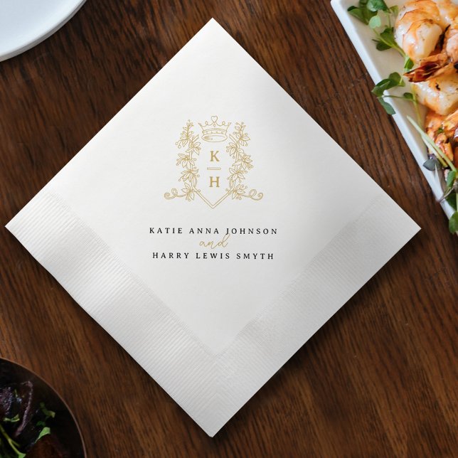 Serviette En Papier Monogramme couronne blanche or noir mariage (Créateur téléchargé)