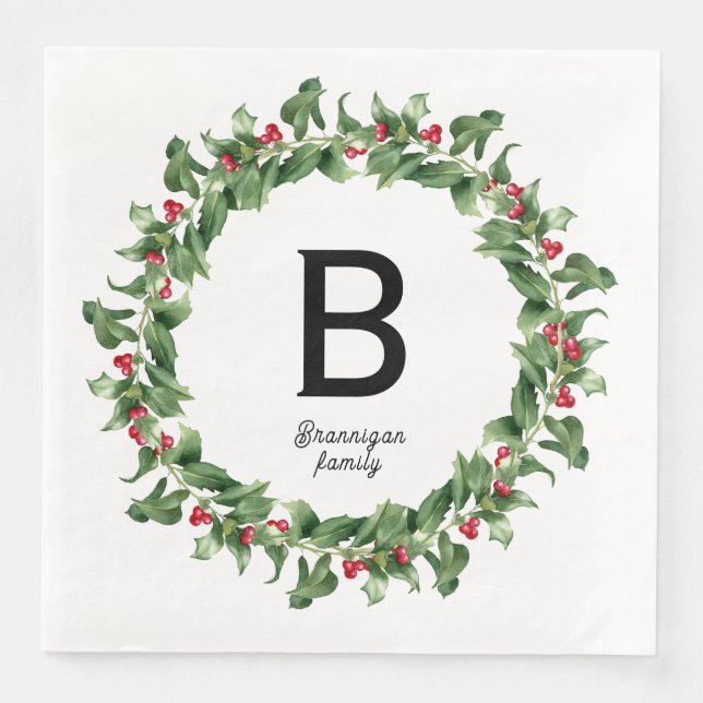 Serviette En Papier Monogramme - couronne classique de Noël (Devant)