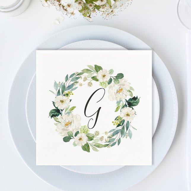 Serviette En Papier Monogramme Couronne Florale Blanche (Créateur téléchargé)