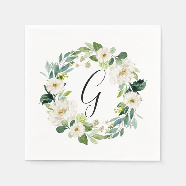 Serviette En Papier Monogramme Couronne Florale Blanche (Devant)