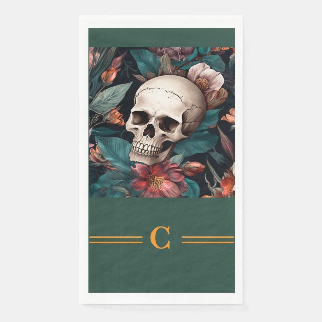 Serviette En Papier Monogramme Crâne et Fleurs  (Devant)