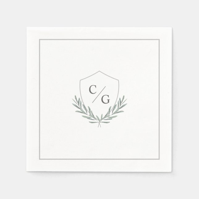 Serviette En Papier Monogramme Crest avec branches d'olivier Mariage (Devant)