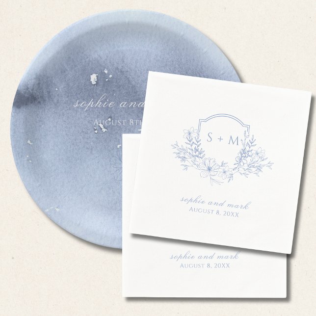 Serviette En Papier Monogramme Crest bleu floral (Créateur téléchargé)