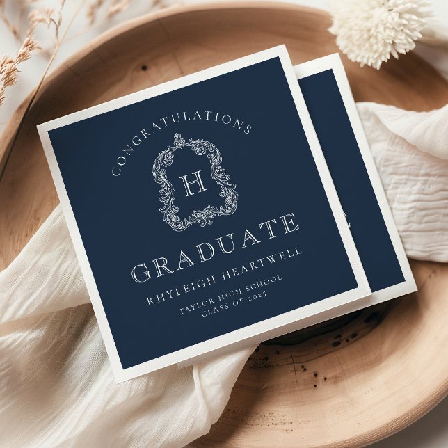 Serviette En Papier Monogramme Crest Marine Blue White Graduation Part (Créateur téléchargé)