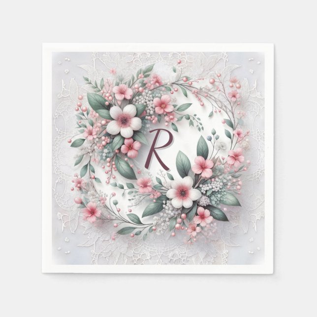 Serviette En Papier Monogramme Dans Un Mariage Élégant Fleur Wreath (Devant)