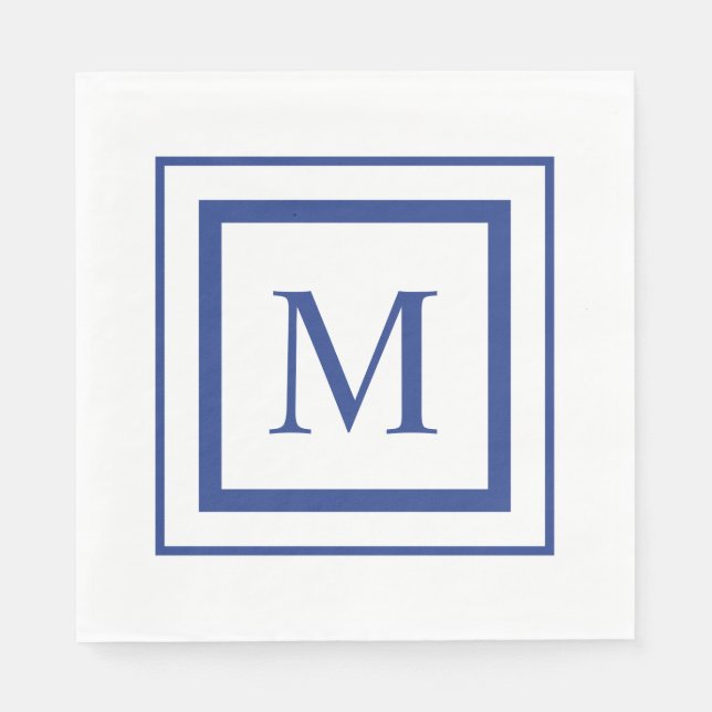 Serviette En Papier Monogramme de bordure carré bleu et blanc (Devant)