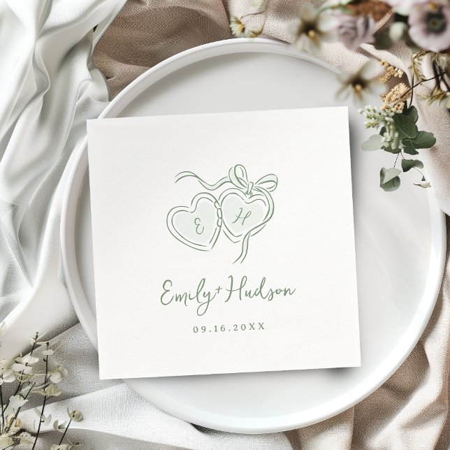 Serviette En Papier Monogramme de coeurs dessinés à la main pour maria (Sage Hand Drawn Hearts Monogram Whimsical Wedding Napkins)