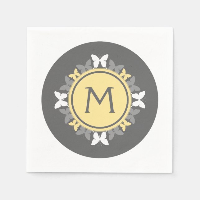 Serviette En Papier Monogramme de couronne papillon gris jaune blanc (Devant)