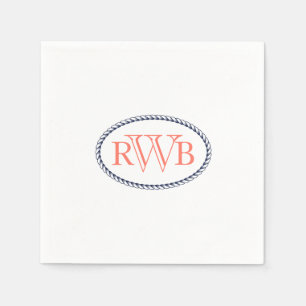 Serviette En Papier Monogramme de coutume nautique bleu marine/coral