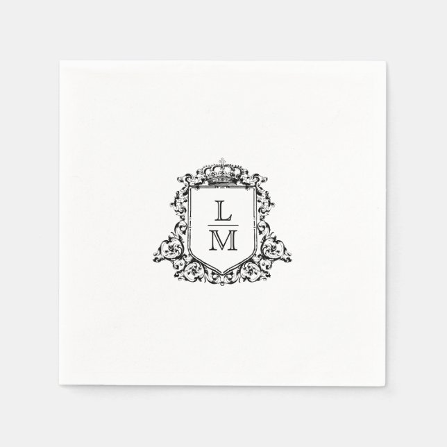 Serviette En Papier Monogramme de crête noire et blanche Mariage perso (Devant)