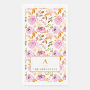 Serviette En Papier Monogramme de famille floral aquarelle rose d'été