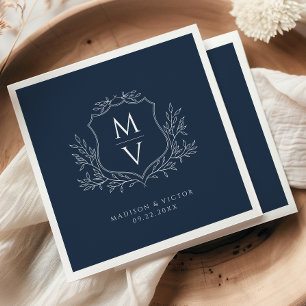 Serviette En Papier Monogramme de feuillage vintage Couronne Bleu mari