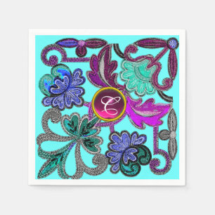 Serviette En Papier MONOGRAMME DE GEM COLORÉ turquoise BLEU PURPLE LAC