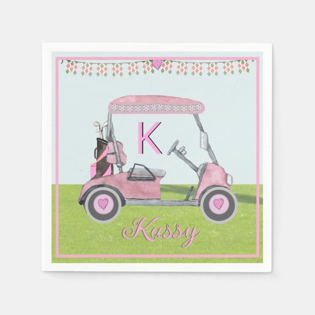 Serviette En Papier Monogramme de golf rose pour l'anniversaire des fe (Devant)