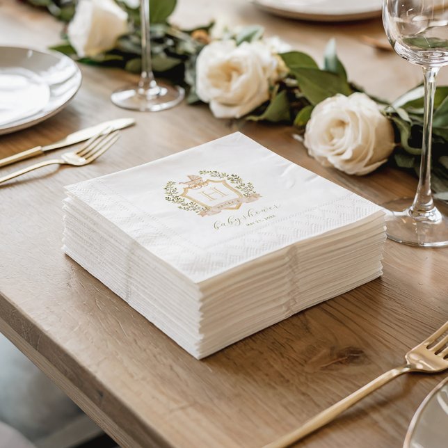 Serviette En Papier Monogramme de la crête de bébé | Baby shower neutr (Simulation of a stack of napkins. Actual napkins have a coined textured border.)