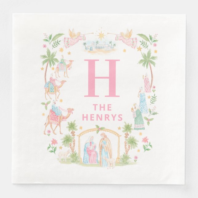 Serviette En Papier Monogramme de la Nativité Pastel (Devant)
