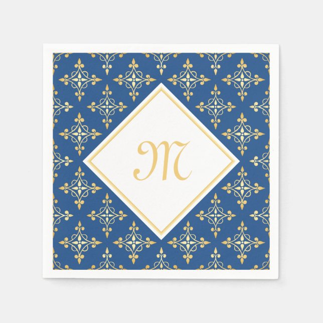 Serviette En Papier Monogramme de luxe Blue et Gold Quatre Floral (Devant)