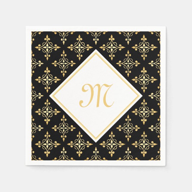 Serviette En Papier Monogramme de luxe Noir et Or Quatre Floral (Devant)