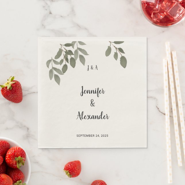 Serviette En Papier Monogramme de mariage aux feuilles botaniques rust (En situation)