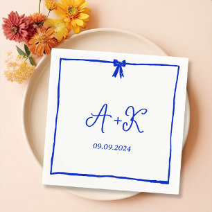 Serviette En Papier Monogramme de mariage bleu français dessiné à la m