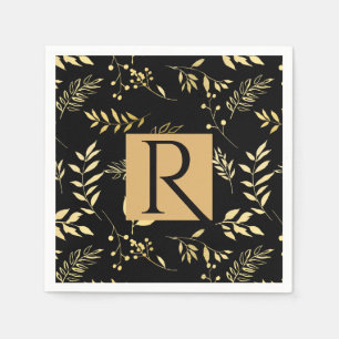 Serviette En Papier Monogramme de mariage botanique noir et or Glamour