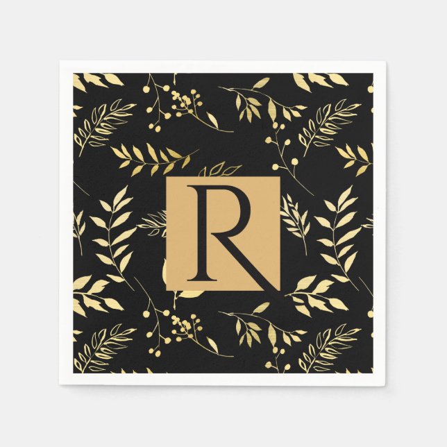 Serviette En Papier Monogramme de mariage botanique noir et or Glamour (Devant)